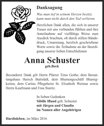 Traueranzeige von Anna Schuster von Thüringer Allgemeine