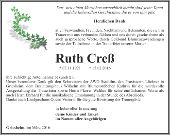 Traueranzeige von Ruth Creß von Thüringer Allgemeine