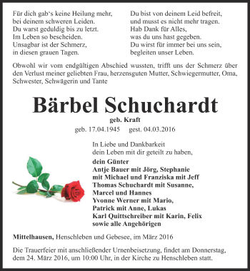 Traueranzeige von Bärbel Schuchardt von Thüringer Allgemeine, Thüringische Landeszeitung