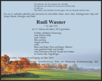 Traueranzeige von Rudi Wasner von Ostthüringer Zeitung, Thüringische Landeszeitung