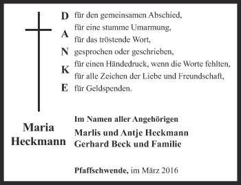 Traueranzeige von Maria Heckmann von Thüringer Allgemeine