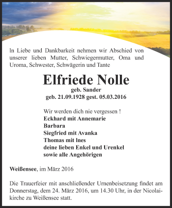 Traueranzeige von Elfriede Nolle von Thüringer Allgemeine