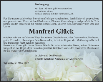 Traueranzeige von Manfred Glück von Ostthüringer Zeitung