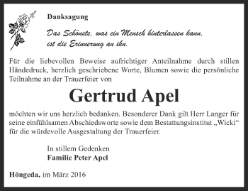 Traueranzeige von Gertrud Apel von Thüringer Allgemeine, Thüringische Landeszeitung
