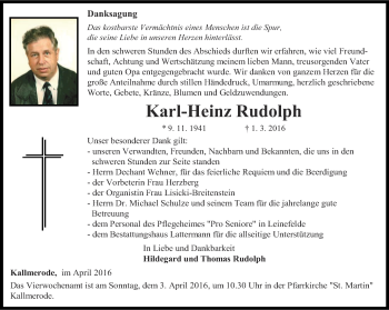 Traueranzeige von Karl-Heinz Rudolph von Thüringer Allgemeine