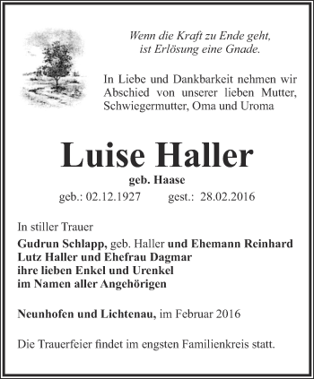 Traueranzeige von Luise Haller von Ostthüringer Zeitung