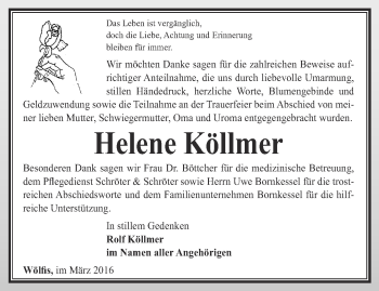Traueranzeige von Helene Köllmer von Ostthüringer Zeitung, Thüringische Landeszeitung