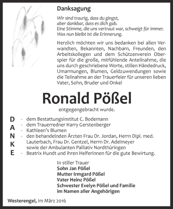 Traueranzeige von Ronald Pößel von Thüringer Allgemeine