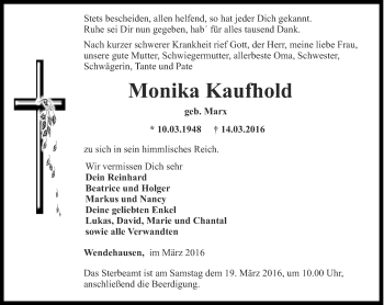 Traueranzeige von Monika Kaufhold von Thüringer Allgemeine, Thüringische Landeszeitung