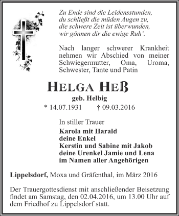 Traueranzeige von Helga Heß von Ostthüringer Zeitung