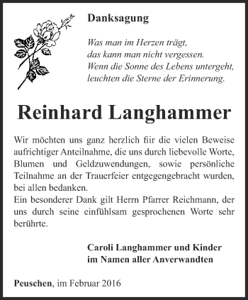 Traueranzeige von Reinhard Langhammer von Ostthüringer Zeitung