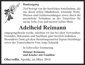 Traueranzeige von Adelheid Reimann von Thüringer Allgemeine, Thüringische Landeszeitung