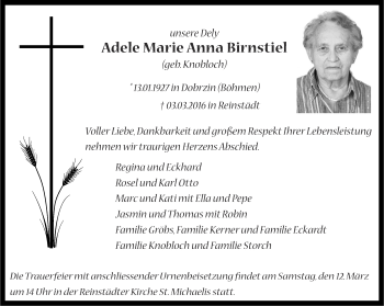 Traueranzeige von Adele Marie Anna Birnstiel von Ostthüringer Zeitung, Thüringische Landeszeitung