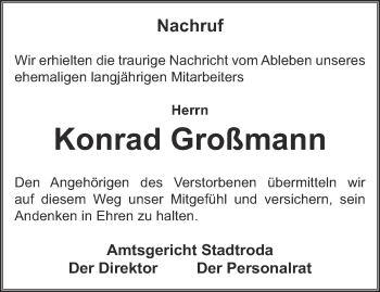 Traueranzeige von Konrad Großmann von Ostthüringer Zeitung