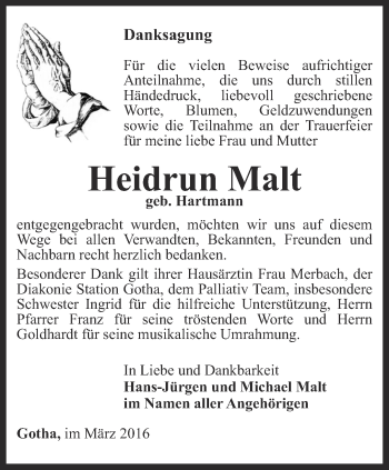 Traueranzeige von Heidrun Malt von Ostthüringer Zeitung, Thüringische Landeszeitung