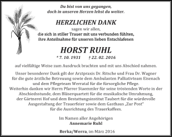 Traueranzeige von Horst Ruhl von Thüringer Allgemeine, Thüringische Landeszeitung