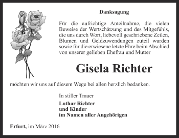 Traueranzeige von Gisela Richter von Thüringer Allgemeine, Thüringische Landeszeitung