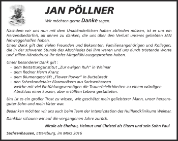 Traueranzeige von Jan Pöllner von Thüringer Allgemeine, Thüringische Landeszeitung