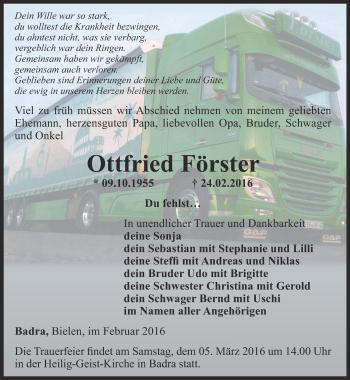 Traueranzeige von Ottfried Förster von Thüringer Allgemeine