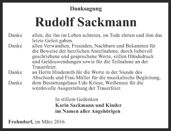 Traueranzeige von Rudolf Sackmann von Thüringer Allgemeine