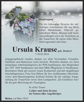 Traueranzeige von Ursula Krause von Thüringer Allgemeine