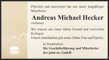 Traueranzeige von Andreas Michael Hecker von Ostthüringer Zeitung, Thüringische Landeszeitung