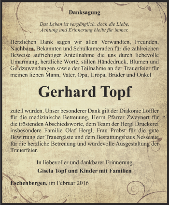Traueranzeige von Gerhard Topf von Ostthüringer Zeitung, Thüringische Landeszeitung