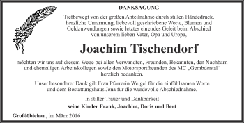 Traueranzeige von Joachim Tischendorf von Ostthüringer Zeitung, Thüringische Landeszeitung