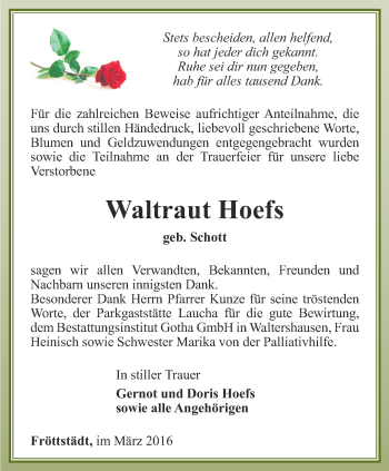 Traueranzeige von Waltraut Hoefs von Ostthüringer Zeitung, Thüringische Landeszeitung
