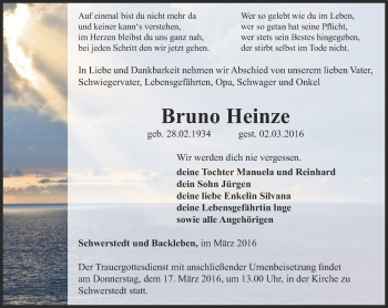 Traueranzeige von Bruno Heinze von Thüringer Allgemeine