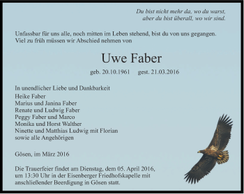 Traueranzeige von Uwe Faber von Ostthüringer Zeitung