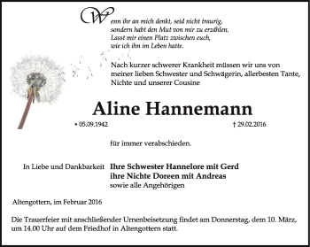 Traueranzeige von Aline Hannemann von Thüringer Allgemeine, Thüringische Landeszeitung