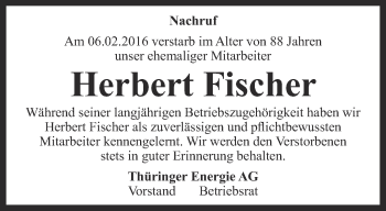 Traueranzeige von Herbert Fischer von Thüringer Allgemeine, Thüringische Landeszeitung