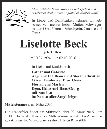 Traueranzeige von Lieselotte Beck von Thüringer Allgemeine, Thüringische Landeszeitung