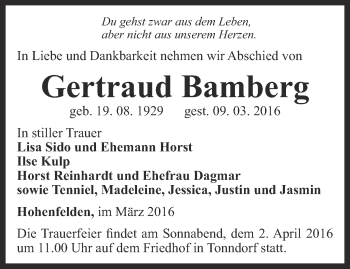 Traueranzeige von Gertraud Bamberg von Thüringer Allgemeine, Thüringische Landeszeitung