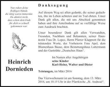 Traueranzeige von Heinrich Dornieden von Thüringer Allgemeine
