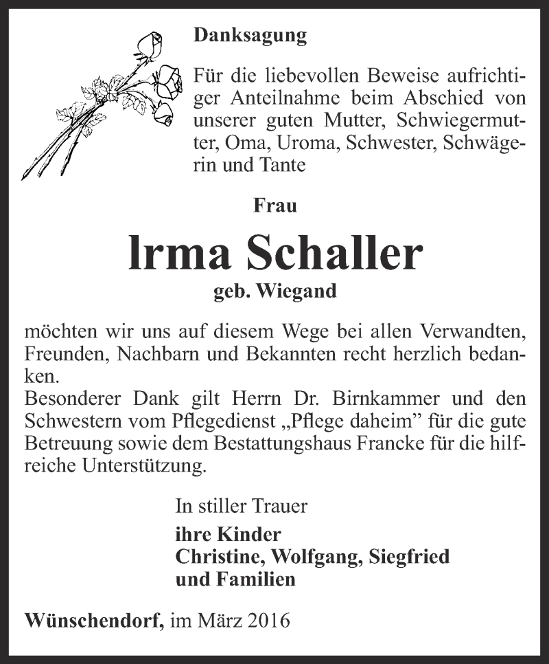  Traueranzeige für Irma Schaller vom 19.03.2016 aus Ostthüringer Zeitung