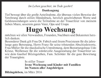 Traueranzeige von Hugo Wechsung von Thüringer Allgemeine