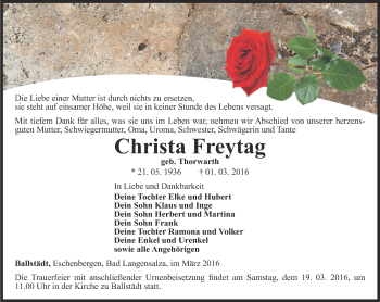 Traueranzeige von Christa Freytag von Ostthüringer Zeitung, Thüringische Landeszeitung