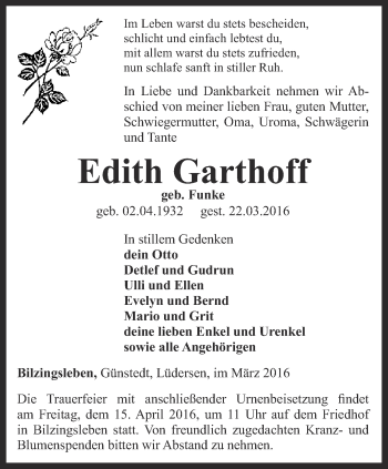 Traueranzeige von Edith Garthoff von Thüringer Allgemeine