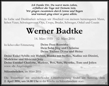 Traueranzeige von Werner Badtke von Thüringer Allgemeine