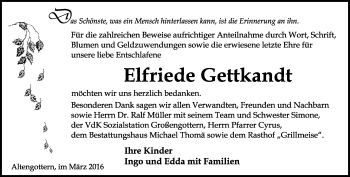 Traueranzeige von Elfriede Gettkandt von Thüringer Allgemeine, Thüringische Landeszeitung