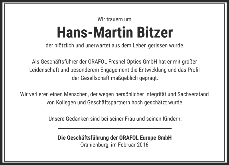  Traueranzeige für Hans-Martin Bitzer vom 05.03.2016 aus Thüringer Allgemeine, Thüringische Landeszeitung, Ostthüringer Zeitung