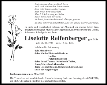 Traueranzeige von Liselotte Reifenberger von Thüringer Allgemeine