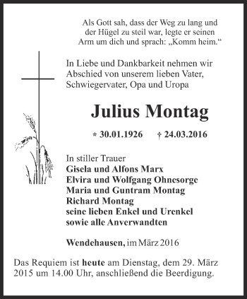 Traueranzeige von Julius Montag von Thüringer Allgemeine, Thüringische Landeszeitung