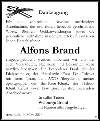Traueranzeige von Alfons Brand von Thüringer Allgemeine