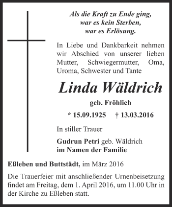 Traueranzeige von Linda Wäldrich von Thüringer Allgemeine