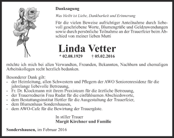 Traueranzeige von Linda Vetter von Thüringer Allgemeine