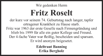 Traueranzeige von Fritz Roselt von Thüringer Allgemeine, Thüringische Landeszeitung