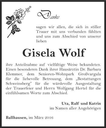 Traueranzeige von Gisela Wolf von Thüringer Allgemeine, Thüringische Landeszeitung